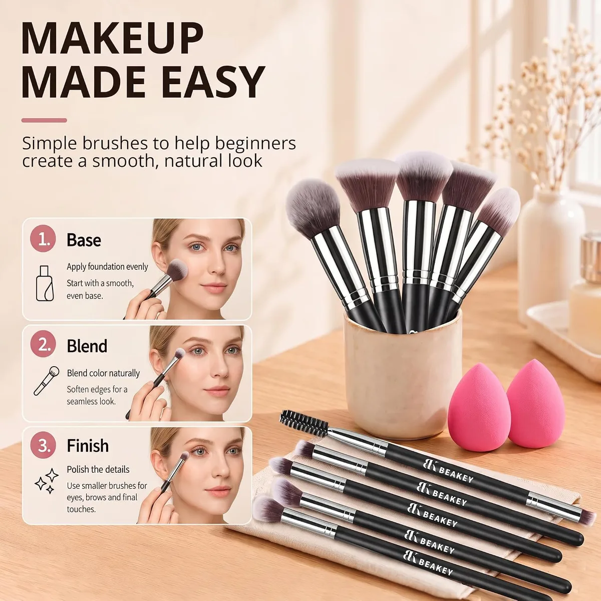 BEAKEY Makeup Brushes set with 2 Blending Sponges,10 Brush Face and Eye Set — image 2