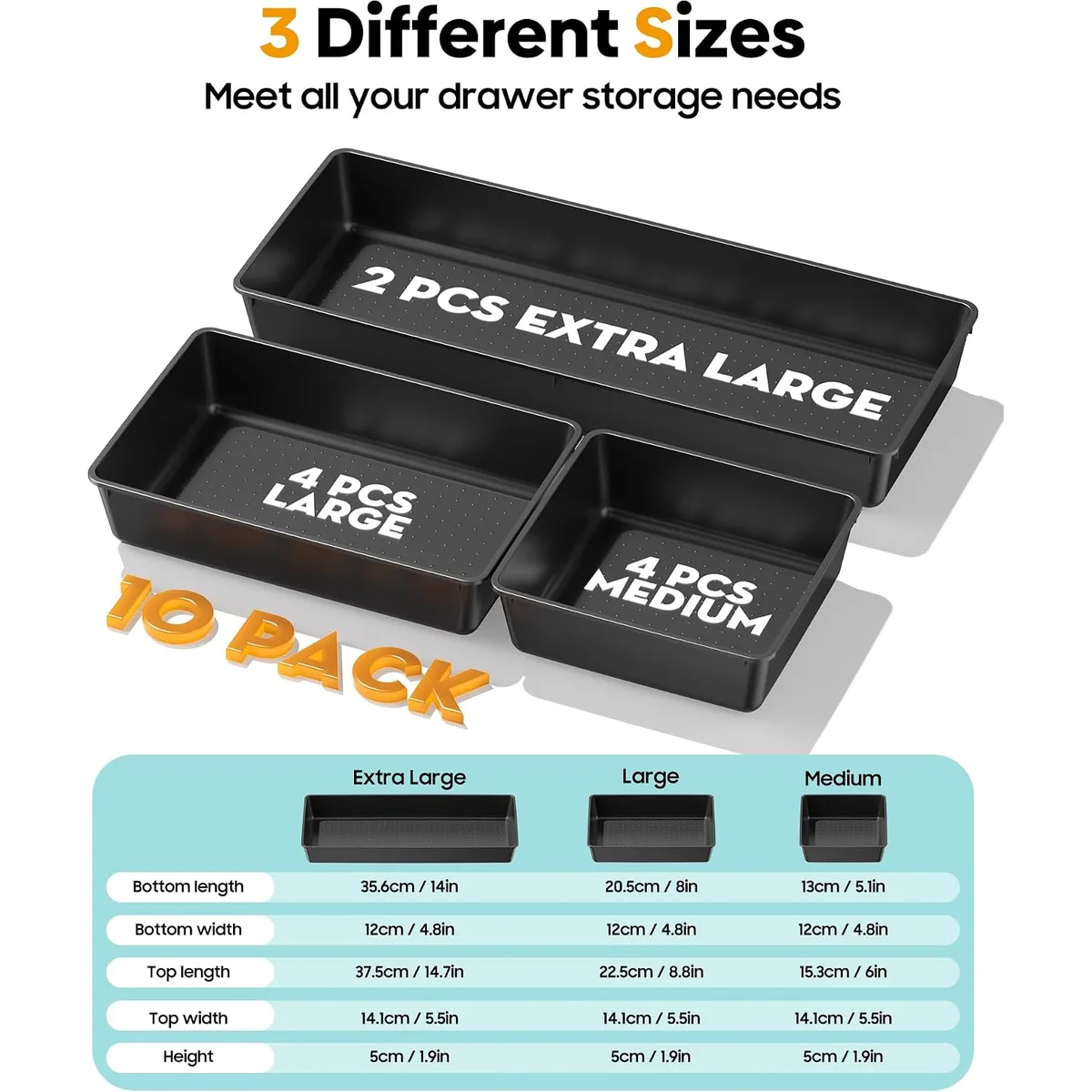 10 Pack Large Size Plastic Drawer Organizers Set, 3 Sizes Desk Drawer Organizer Trays, Storage Bins for Vanity, Makeup, Bathroom, Kitchen Utensils and Office (Black) — image 2