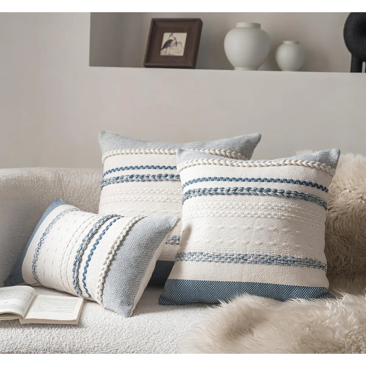 Cethom Boho Throw Pillow Covers 18x18 Inch Set of 2, Blue Textured Decorative Couch Pillow Cases for Farmhouse Home Decor, Accent Cushion Cover for Sofa, Bed, Living Room, Bedroom — image 2