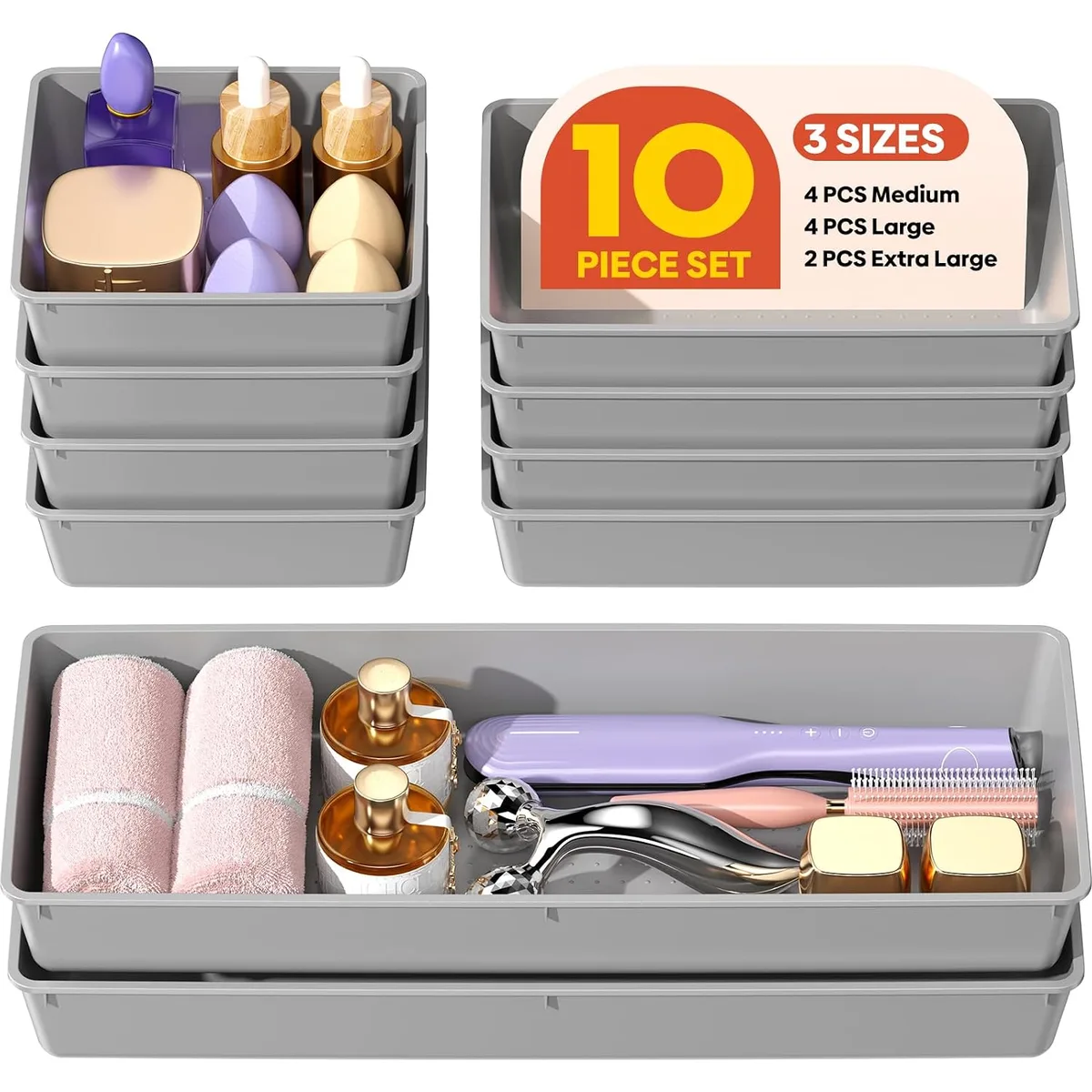 10 Pack Large Size Plastic Drawer Organizers Set, 3 Sizes Desk Drawer Organizer Trays, Storage Bins for Vanity, Makeup, Bathroom, Kitchen Utensils and Office (Black) — image 8