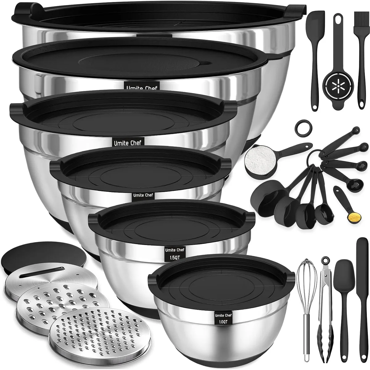 Mixing Bowls with Airtight Lids Set, 26PCS Stainless Steel Khaki Bowls with Grater Attachments, Non-Slip Bottoms & Kitchen Gadgets Set, Size 7, 4, 2.5, 2.0,1.5, 1QT, Great for Mixing & Serving — image 8