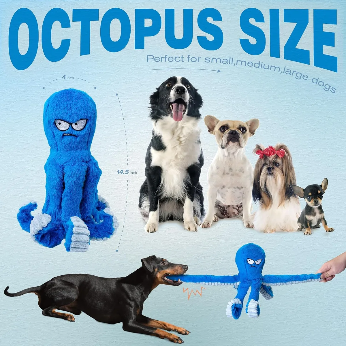 LEGEND SANDY Tough Dog Toys, Stuffed Chew Large Dog Toys to Keep Them Busy, Interactive Squeaky Tug of War Doggie Toy, Crinkle Blue Octopus — image 5