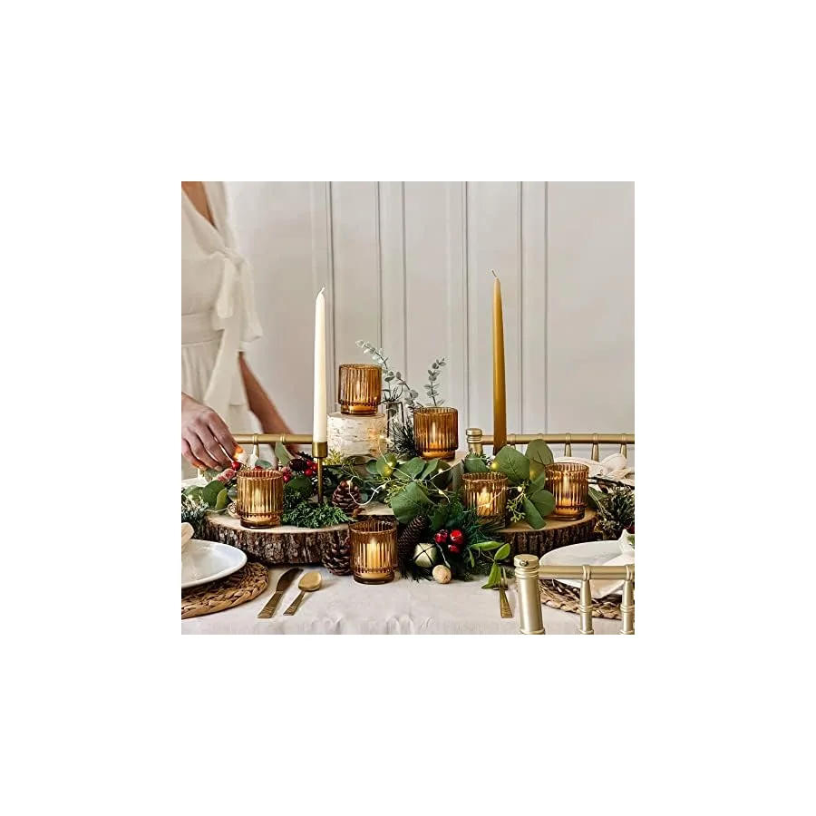 Kate Aspen Vintage Glass Tealight & Amber Votive Candle Holders Set of 6 Rustic Fluted Candle Holder Set, Boho Home Decor, Wedding Table Centerpieces, Farmhouse Kitchen Table Decor — image 4