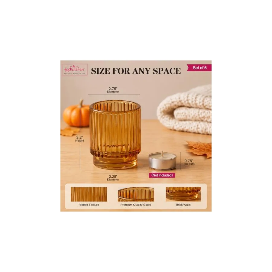 Kate Aspen Vintage Glass Tealight & Amber Votive Candle Holders Set of 6 Rustic Fluted Candle Holder Set, Boho Home Decor, Wedding Table Centerpieces, Farmhouse Kitchen Table Decor — image 7