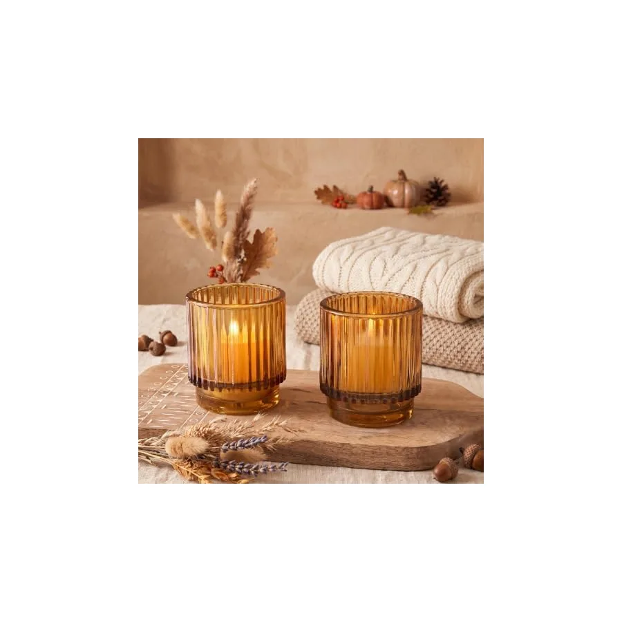 Kate Aspen Vintage Glass Tealight & Amber Votive Candle Holders Set of 6 Rustic Fluted Candle Holder Set, Boho Home Decor, Wedding Table Centerpieces, Farmhouse Kitchen Table Decor — image 3