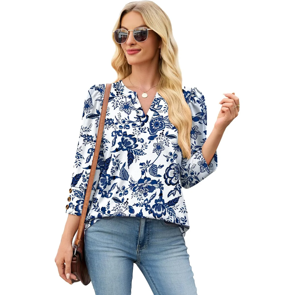 WIHOLL 3/4 Length Sleeve Womens Tops with Button Cuffs Dressy Casual V Neck Summer Outfits Early Fall Fashion Spring Clothes — image 3