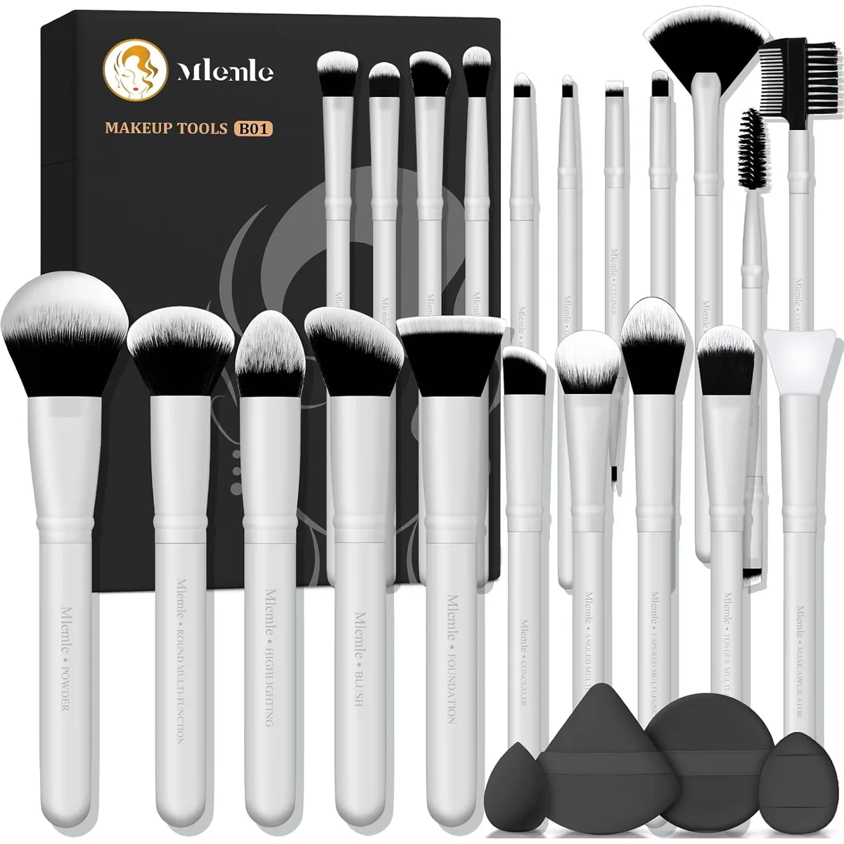 Makeup Brushes Set, Mlemle Professional 25 Pcs Makeup Kit, Include Foundation Powder Blush Concealers Eye shadows 21 Pcs Makeup Brushes and 2 Powder Puff, 2 Makeup Sponge(B01-Black) — image 8