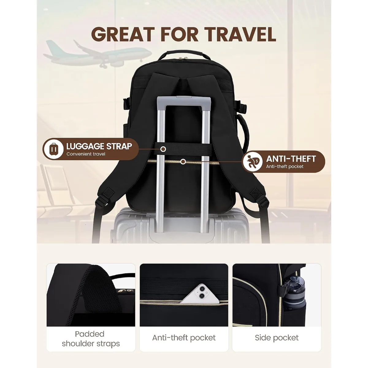 LOVEVOOK 40L Travel Backpack Flight Approved Carry on Backpack,3 Packing Cubes,Waterproof Personal Item Travel Bag,TSA Carry on Luggage Suitcase Travel Essentials,Gifts for Women & Men,fits 17" Laptop — image 6