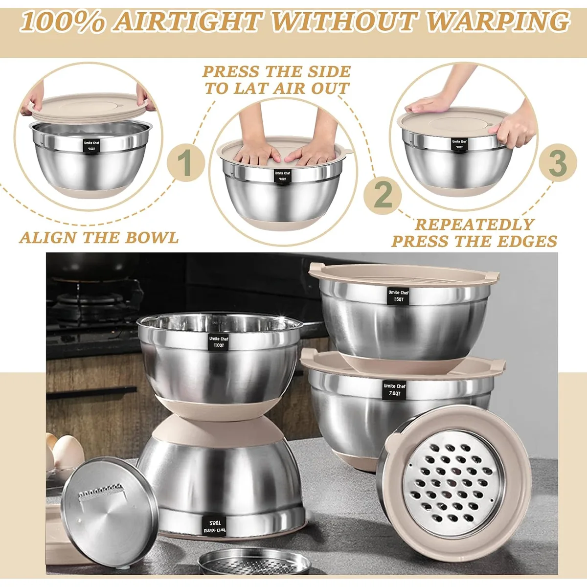 Mixing Bowls with Airtight Lids Set, 26PCS Stainless Steel Khaki Bowls with Grater Attachments, Non-Slip Bottoms & Kitchen Gadgets Set, Size 7, 4, 2.5, 2.0,1.5, 1QT, Great for Mixing & Serving — image 7