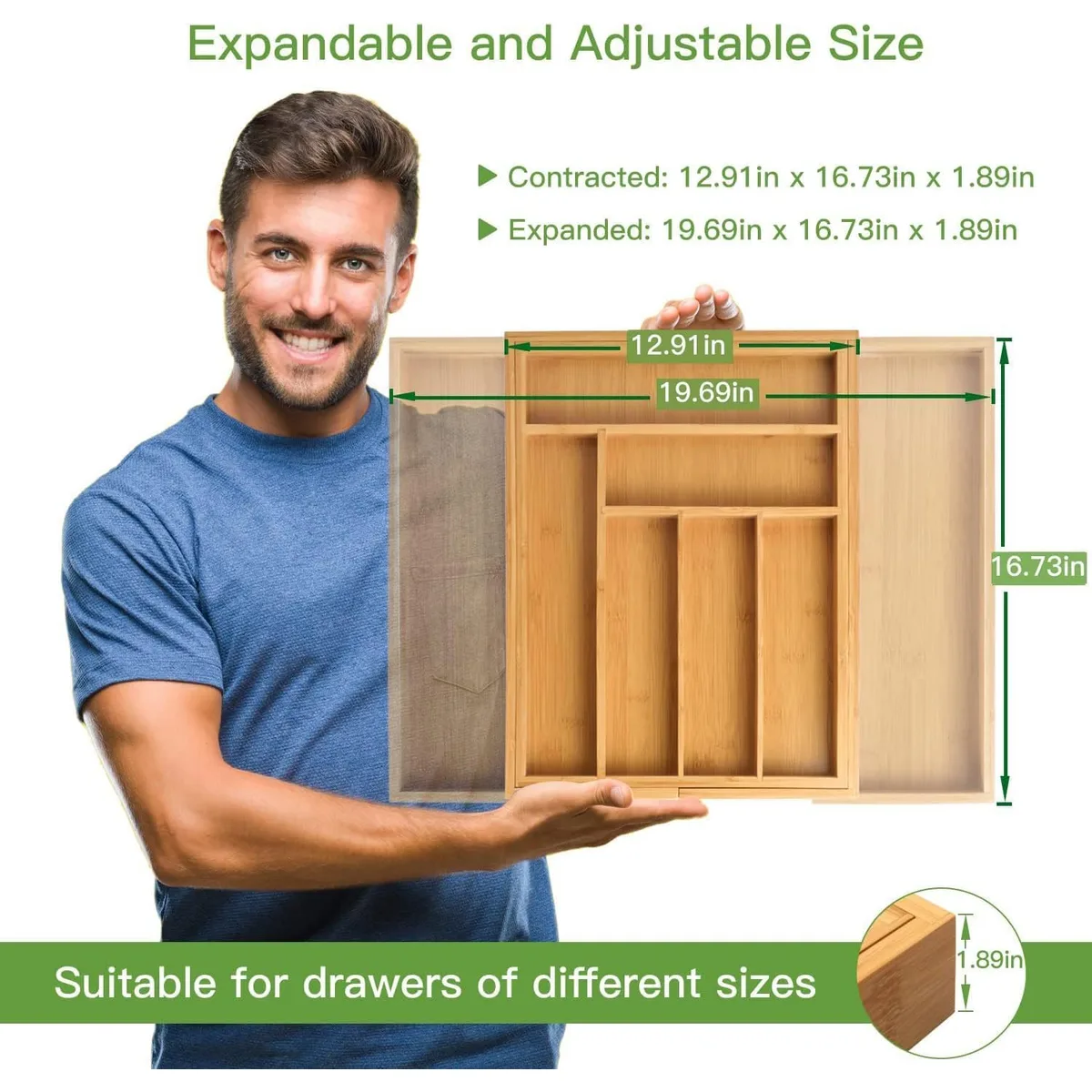 Pipishell Expandable Bamboo Silverware Organizer, Large Kitchen Drawer Tray — image 3