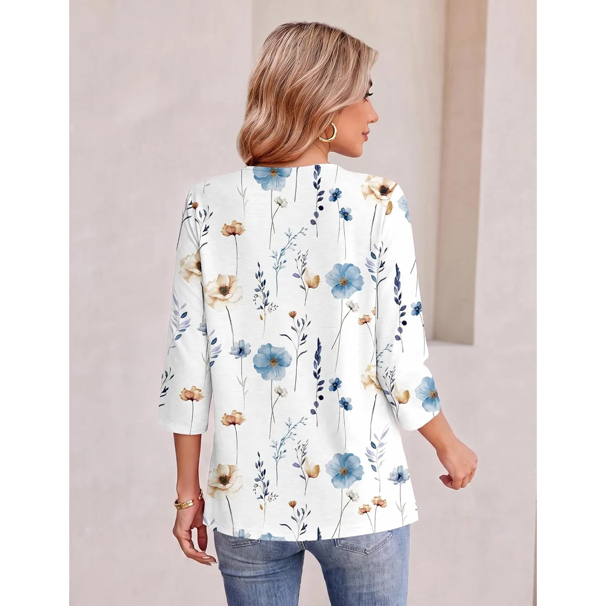 Ekouaer Womens 3/4 Length Sleeve Tops Boho Blouses Casual Pleated Shirts — image 5