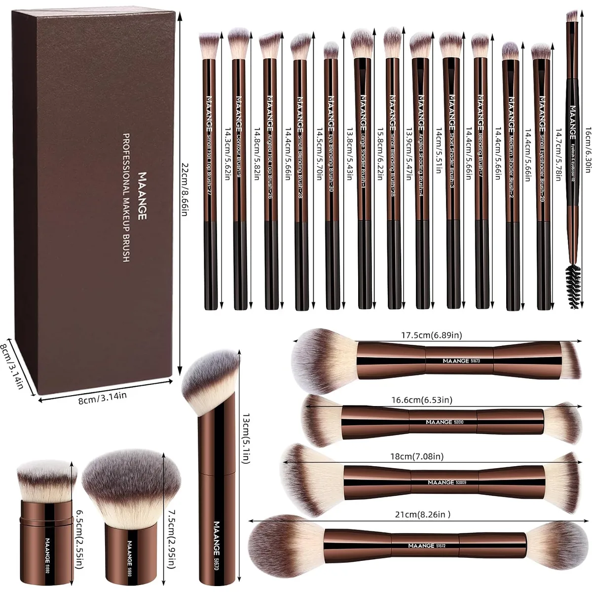 MAANGE 20 Pcs Makeup Brushes with Gift Box, Double-End Multi-functional Makeup Brushes for Blending Liquid Powder Concealer Cream Blush Buffe,CoffeeBrown — image 8