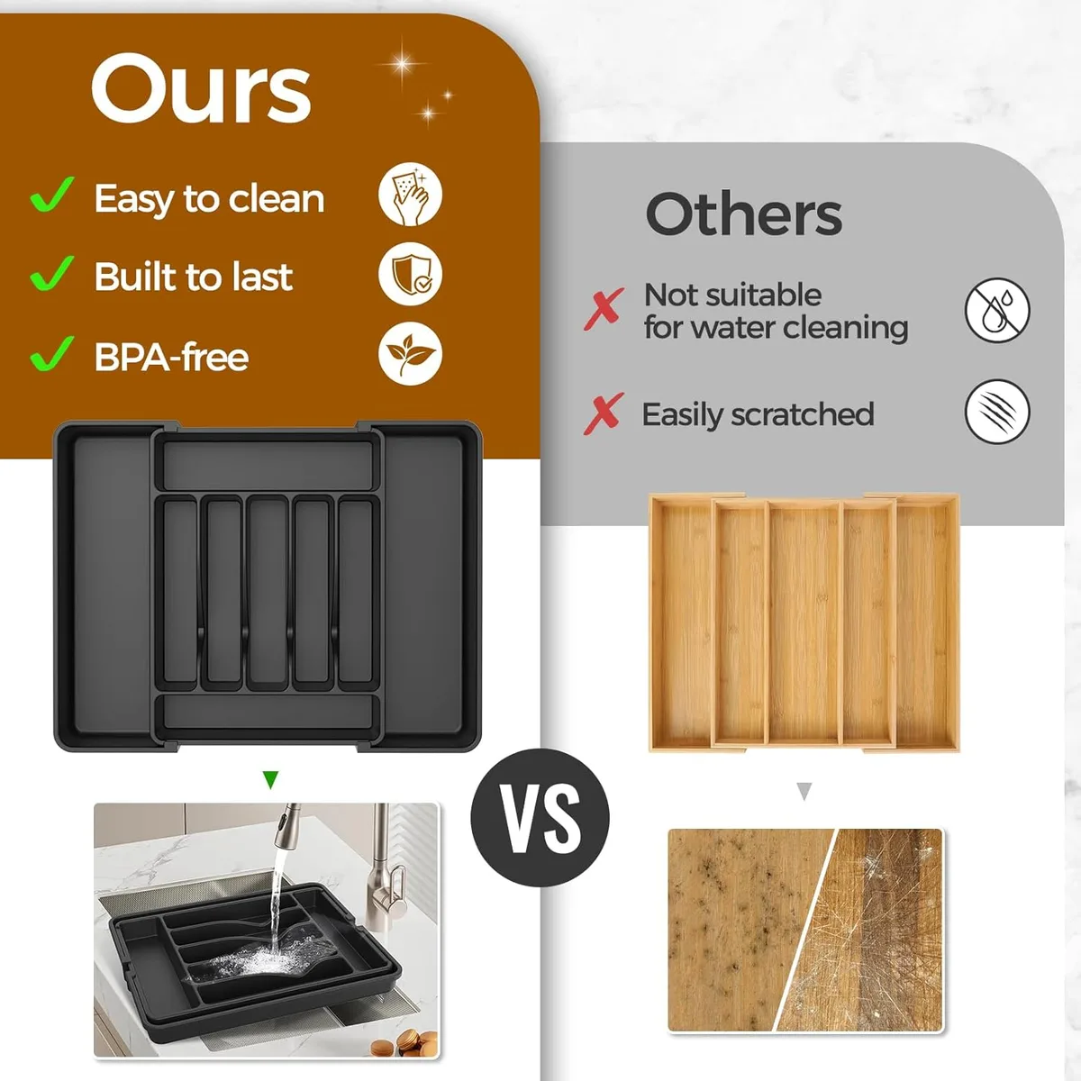 ukeetap Extra Large Expandable Silverware Organizer, Flatware Tray, Black — image 7
