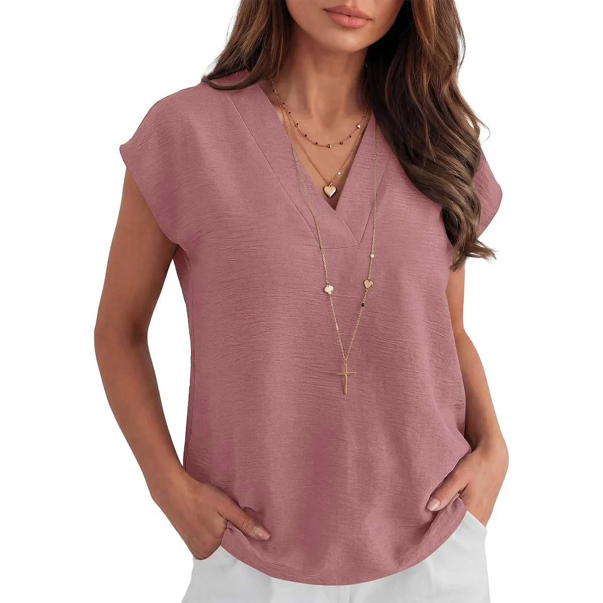 ANRABESS Women Tops Business Casual Cap Sleeve Dressy Blouse V Neck Shirts — image 2