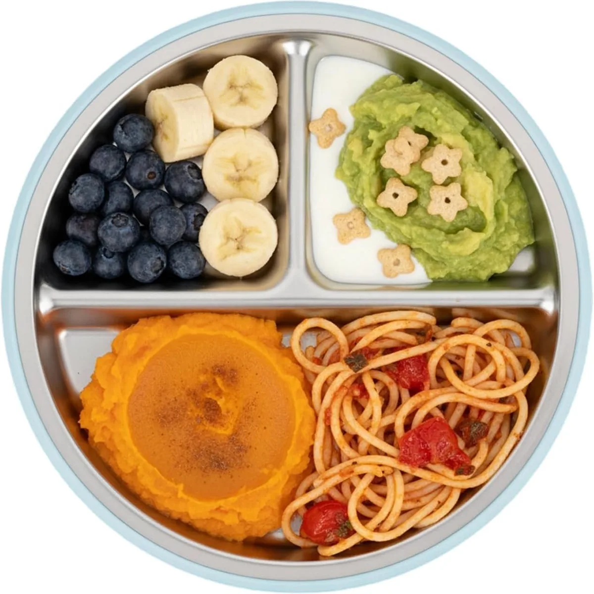 PandaEar 6-in-1 Stainless Steel Baby Feeding Set | Divided Suction Plate, Bowl, Sippy Cup with Straw, Bib, Spoon & Fork | BPA-Free Toddler Feeding Essentials for Self-Feeding (Blue) — image 4