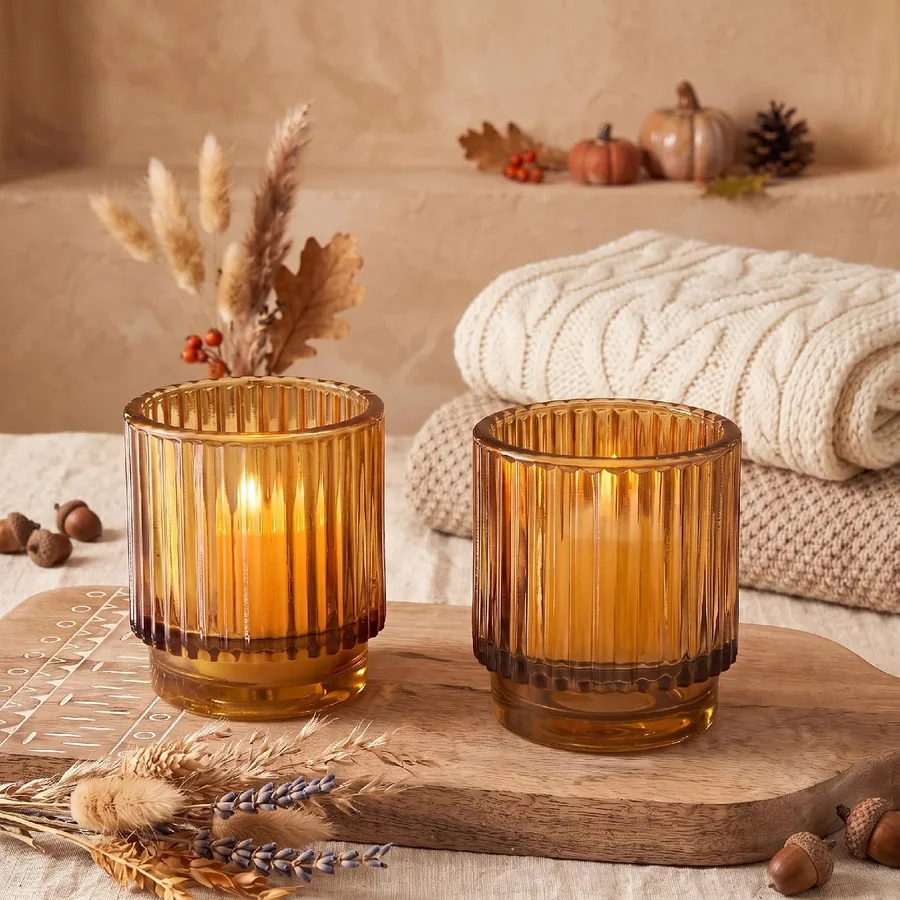 Kate Aspen Vintage Glass Tealight & Amber Votive Candle Holders Set of 6 Rustic Fluted Candle Holder Set, Boho Home Decor, Wedding Table Centerpieces, Farmhouse Kitchen Table Decor — image 8