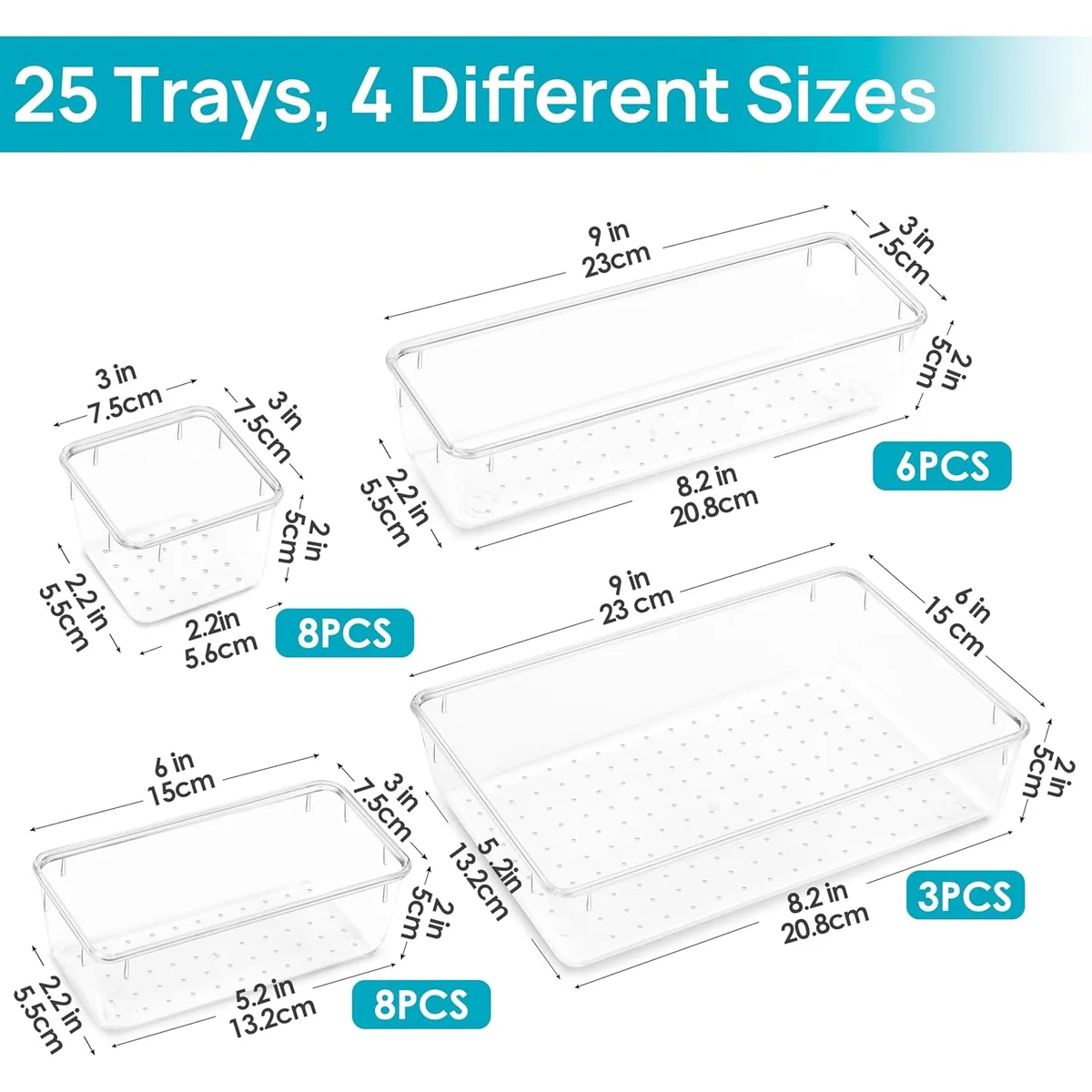 Vtopmart 25 PCS Clear Plastic Drawer Organizers Set, 4-Size Versatile Bathroom and Vanity Drawer Organizer Trays, Storage Bins for Makeup, Bedroom, Kitchen Gadgets Utensils and Office — image 3