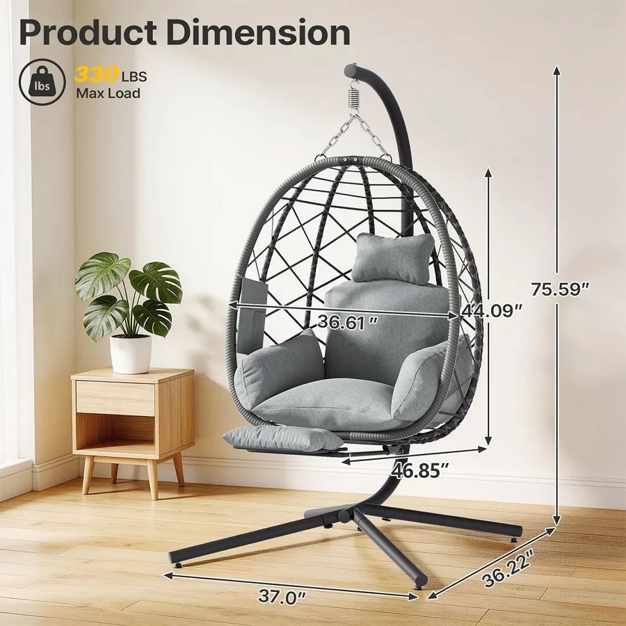 Suteck Hanging Egg Chair with Adjustable Footrest & Stand, Grey — image 8