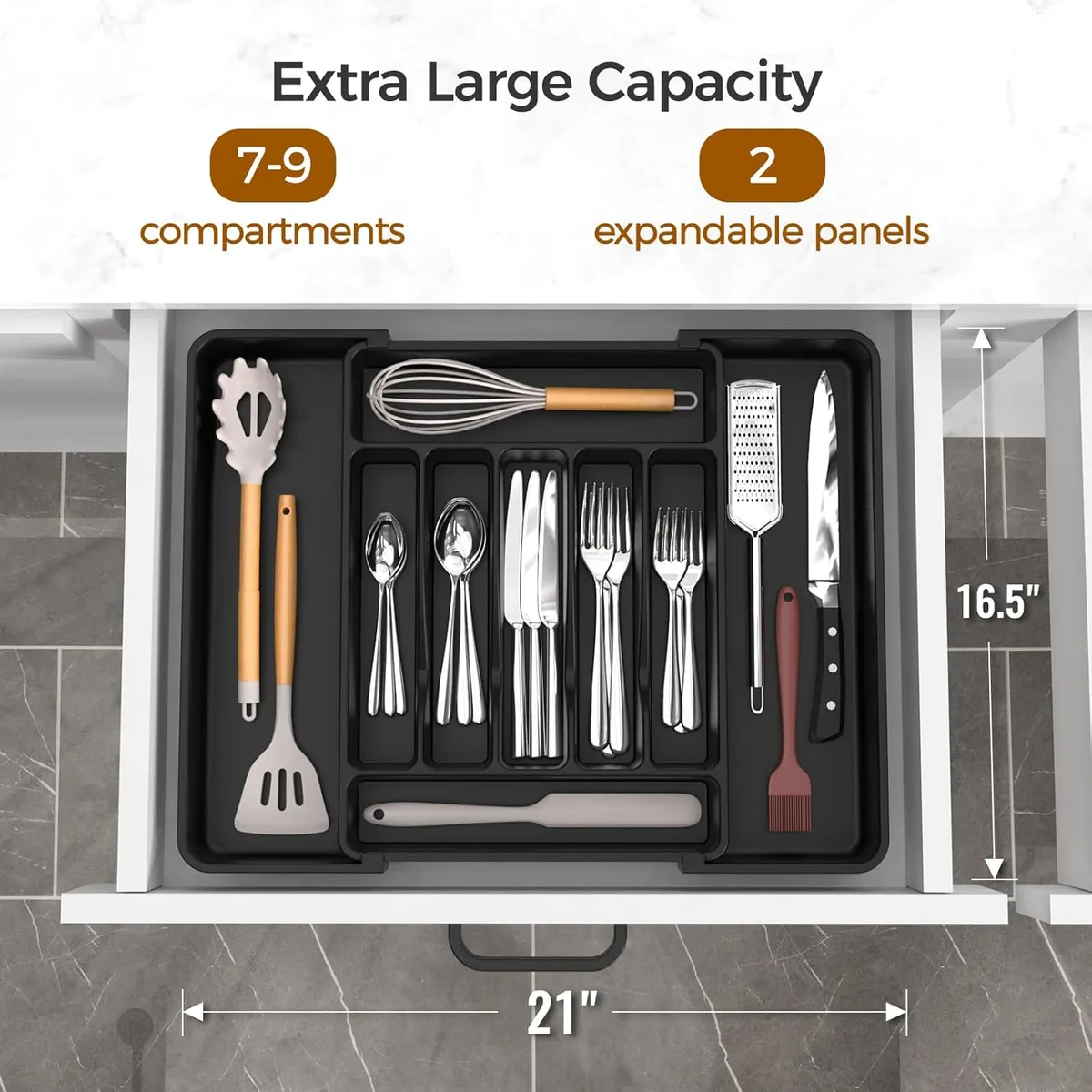 ukeetap Extra Large Expandable Silverware Organizer, Flatware Tray, Black — image 2