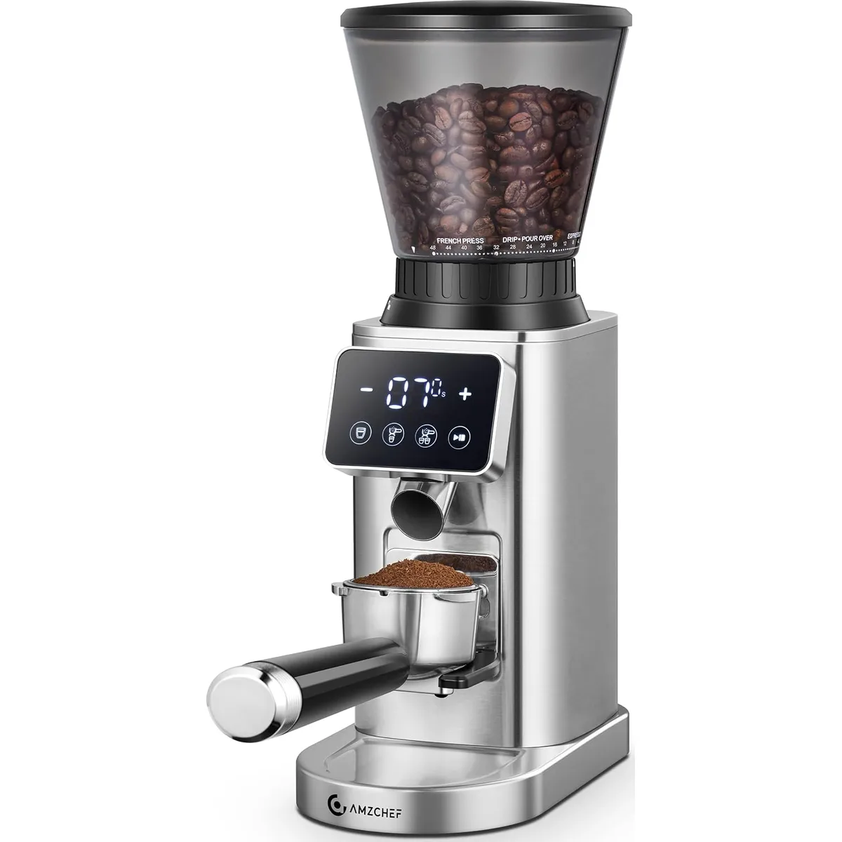 AMZCHEF Burr Coffee Grinder, 48 Settings, Less Static Mess, Metallic Silver — image 8