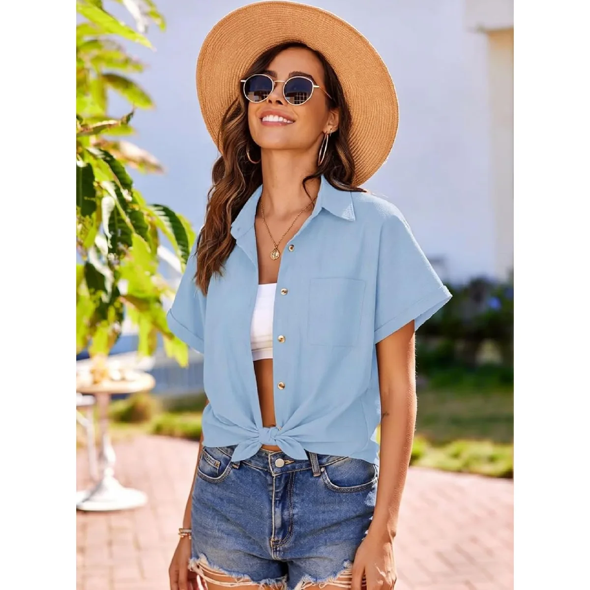 HOTOUCH Linen Shirts for Women Button Down Short Sleeve Tops Cotton Blouses Collared Button-up Beach Vacation Outfits — image 9