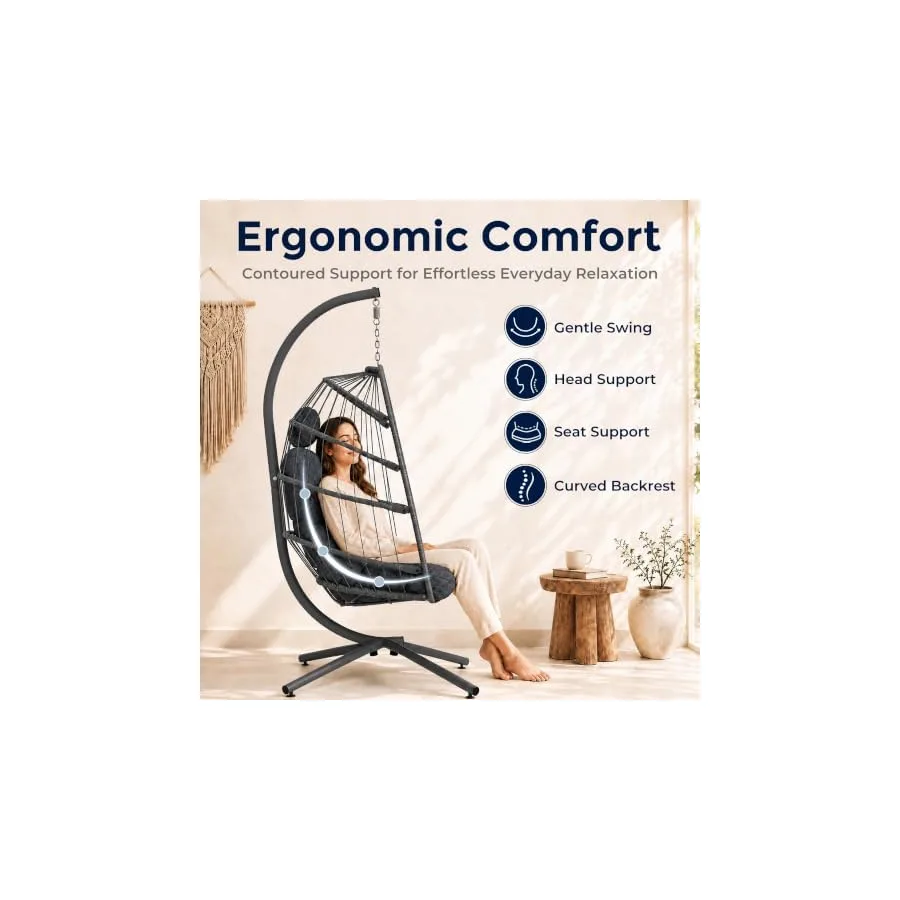 SWITTE Egg Chair Outdoor with Stand, Indoor Wicker Hanging Egg Swing, Grey — image 7