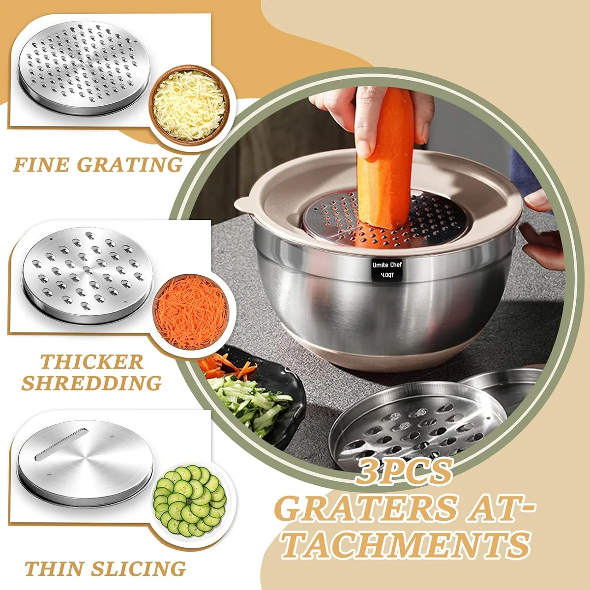 Mixing Bowls with Airtight Lids Set, 26PCS Stainless Steel Khaki Bowls with Grater Attachments, Non-Slip Bottoms & Kitchen Gadgets Set, Size 7, 4, 2.5, 2.0,1.5, 1QT, Great for Mixing & Serving — image 3