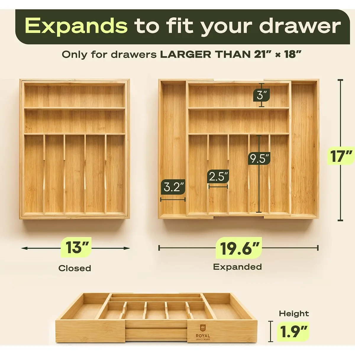 ROYAL CRAFT WOOD Luxury Bamboo Kitchen Drawer Organizer for Kitchen Organization - Silverware Organizer, Utensil Holder & Cutlery Tray Drawer Dividers for Flatware Silverware Storage, 9 Slot, Natural — image 2