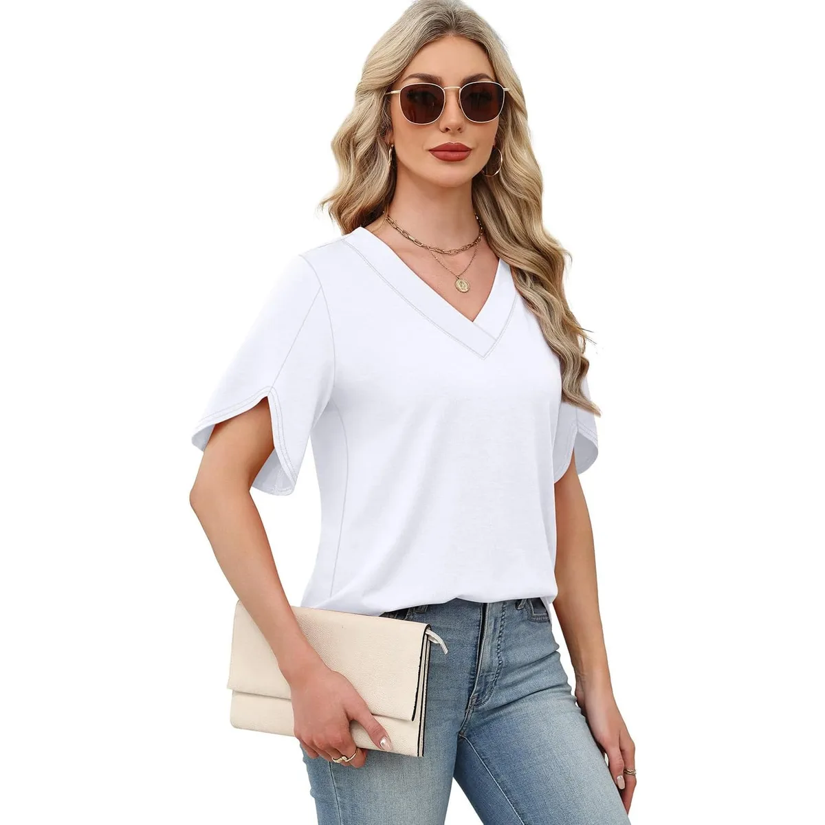 WIHOLL Womens Summer Tops Short Petal Sleeve Shirts Fashion V Neck Womens Clothing — image 4