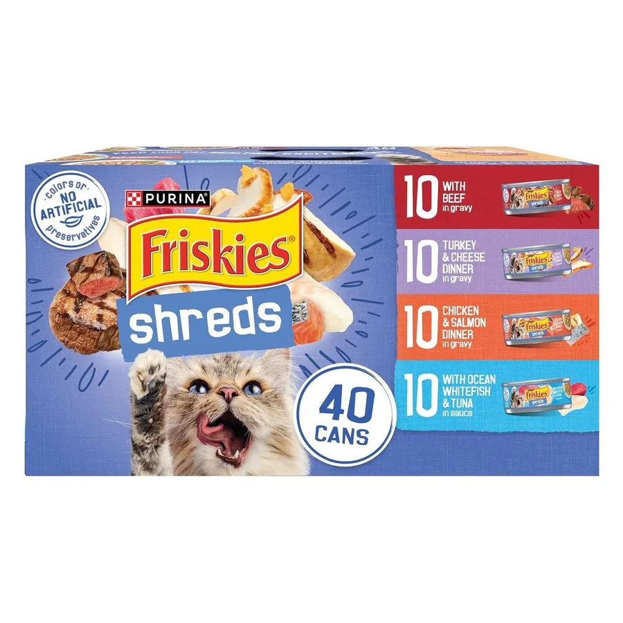 Purina Friskies Wet Cat Food Variety Pack, Shreds, 40 Pack 5.5 oz Cans
