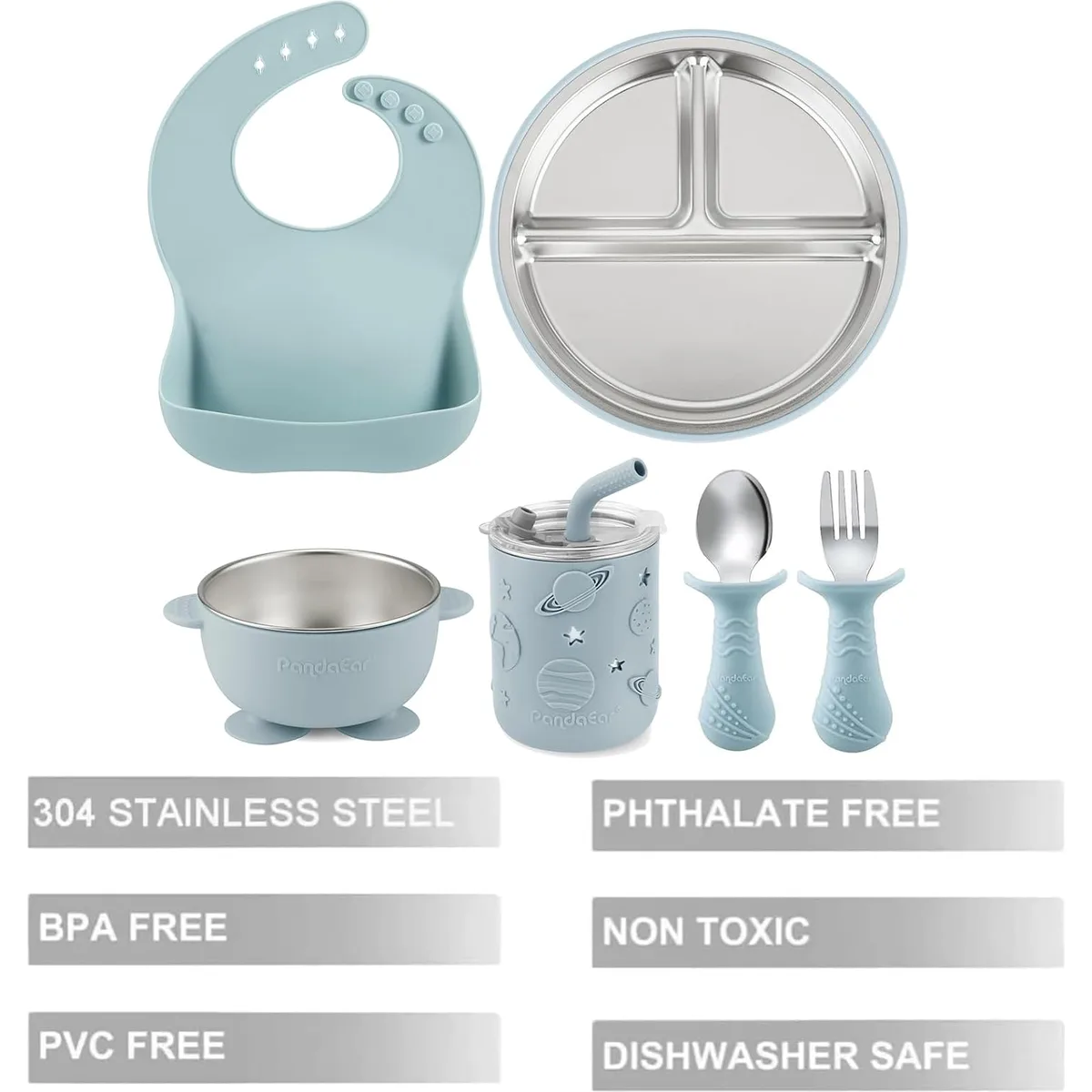 PandaEar 6-in-1 Stainless Steel Baby Feeding Set | Divided Suction Plate, Bowl, Sippy Cup with Straw, Bib, Spoon & Fork | BPA-Free Toddler Feeding Essentials for Self-Feeding (Blue) — image 3