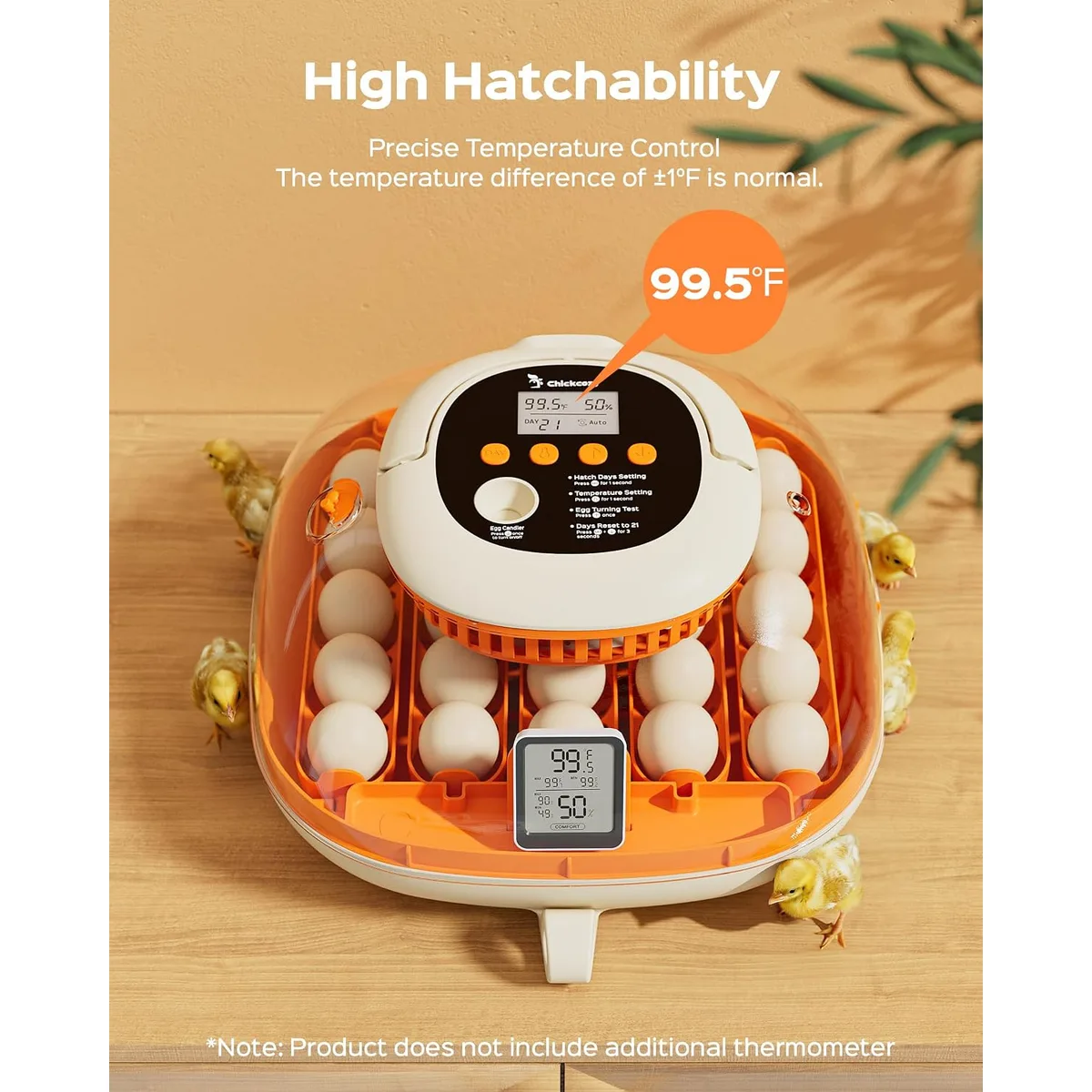Chickcozy 25 Egg Incubator, Automatic Egg Turner with Thermometer Seat and Humidity Control, Egg Candler, 360° View with Clear Window, Incubators for Hatching Chicks Sunlit Orange — image 9