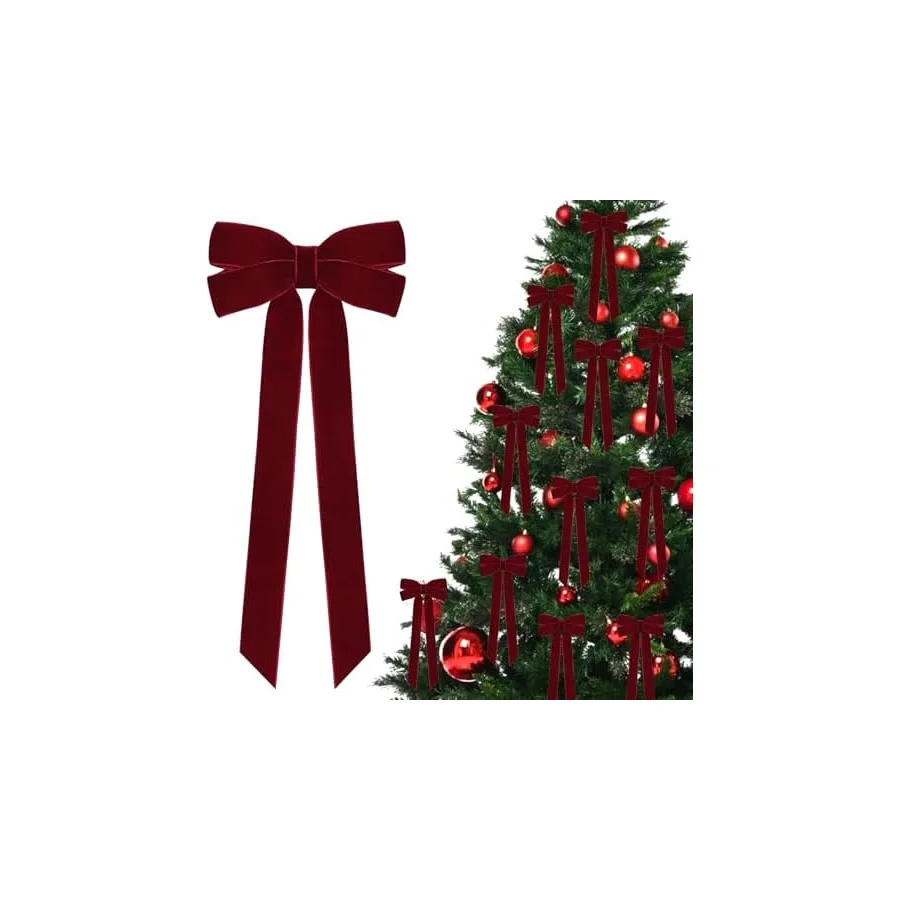 12Pcs Burgundy Velvet Ribbon Bows Christmas Tree Decorations,5in x 10in Xmas Ornaments for Tree Home Party Front Door Wreath Garland Holiday Decor — image 2