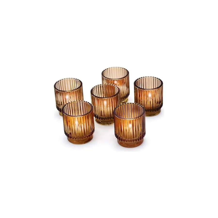 Kate Aspen Vintage Glass Tealight & Amber Votive Candle Holders Set of 6 Rustic Fluted Candle Holder Set, Boho Home Decor, Wedding Table Centerpieces, Farmhouse Kitchen Table Decor — image 2