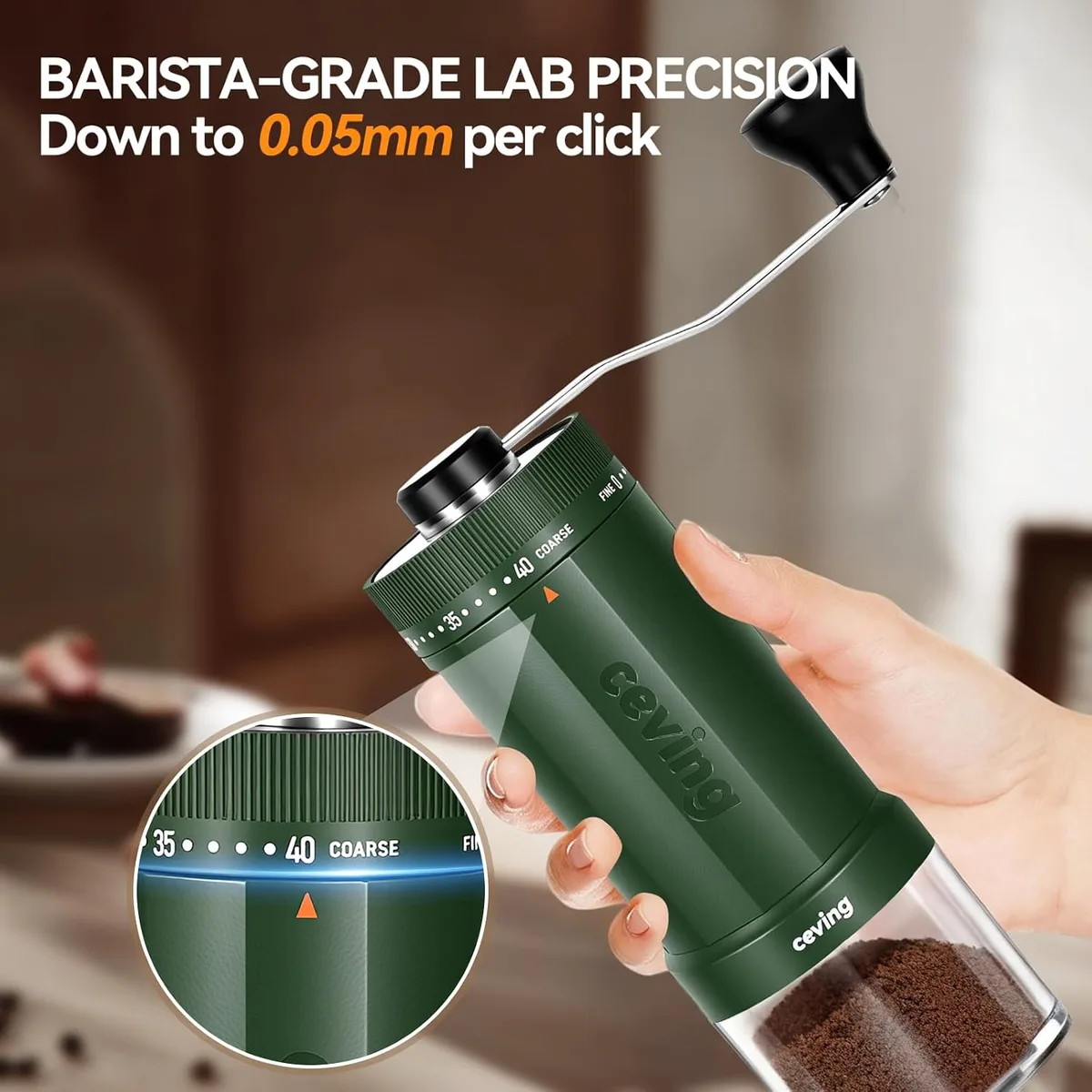 CEVING World's First 60g Large Capacity Manual Coffee Grinder, Green — image 3