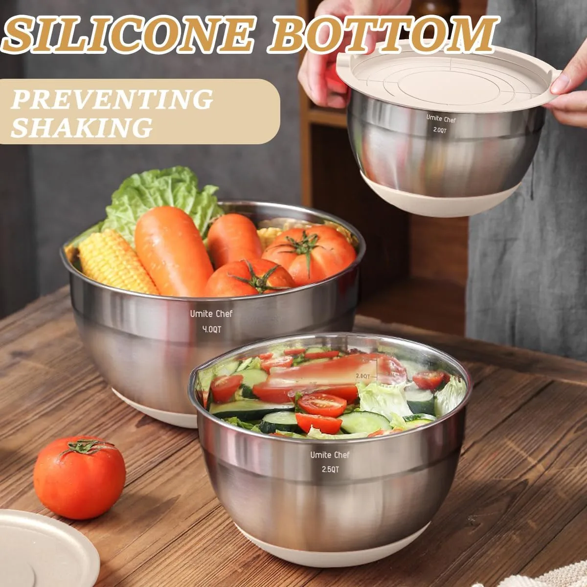 Mixing Bowls with Airtight Lids Set, 26PCS Stainless Steel Khaki Bowls with Grater Attachments, Non-Slip Bottoms & Kitchen Gadgets Set, Size 7, 4, 2.5, 2.0,1.5, 1QT, Great for Mixing & Serving — image 4