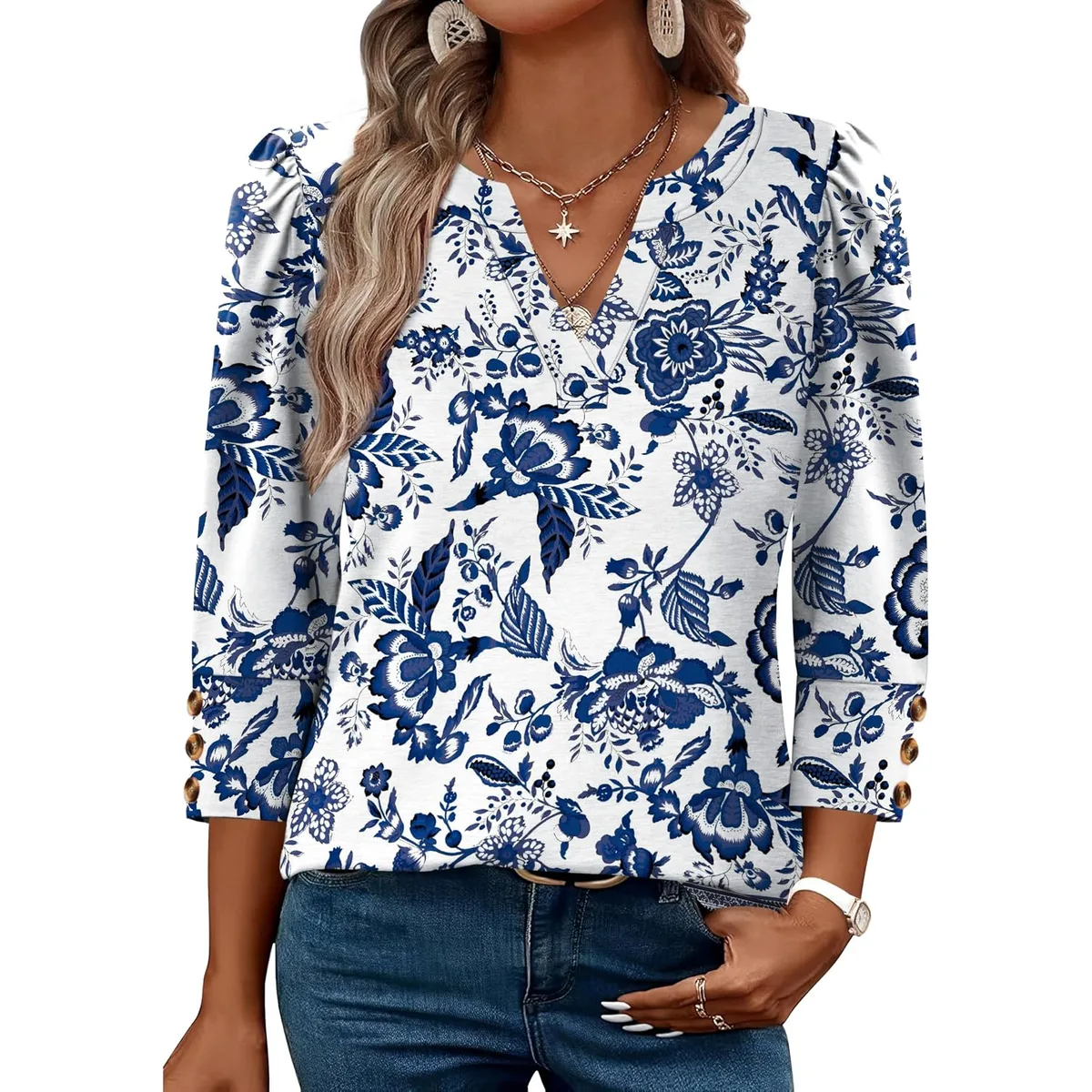 WIHOLL 3/4 Length Sleeve Womens Tops with Button Cuffs Dressy Casual V Neck Summer Outfits Early Fall Fashion Spring Clothes — image 2