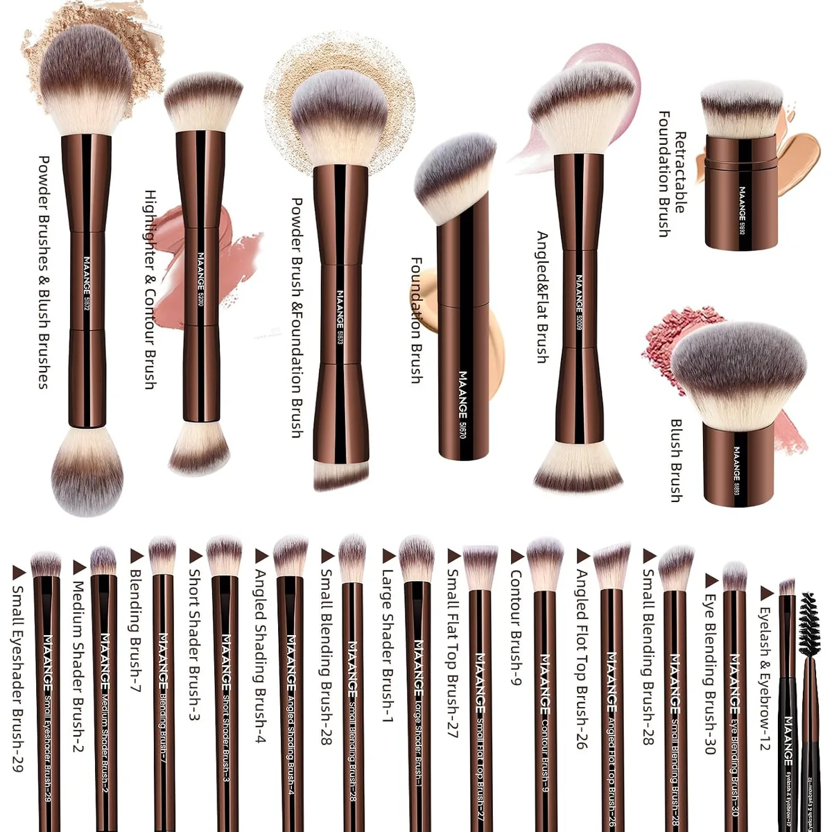 MAANGE 20 Pcs Makeup Brushes with Gift Box, Double-End Multi-functional Makeup Brushes for Blending Liquid Powder Concealer Cream Blush Buffe,CoffeeBrown — image 3