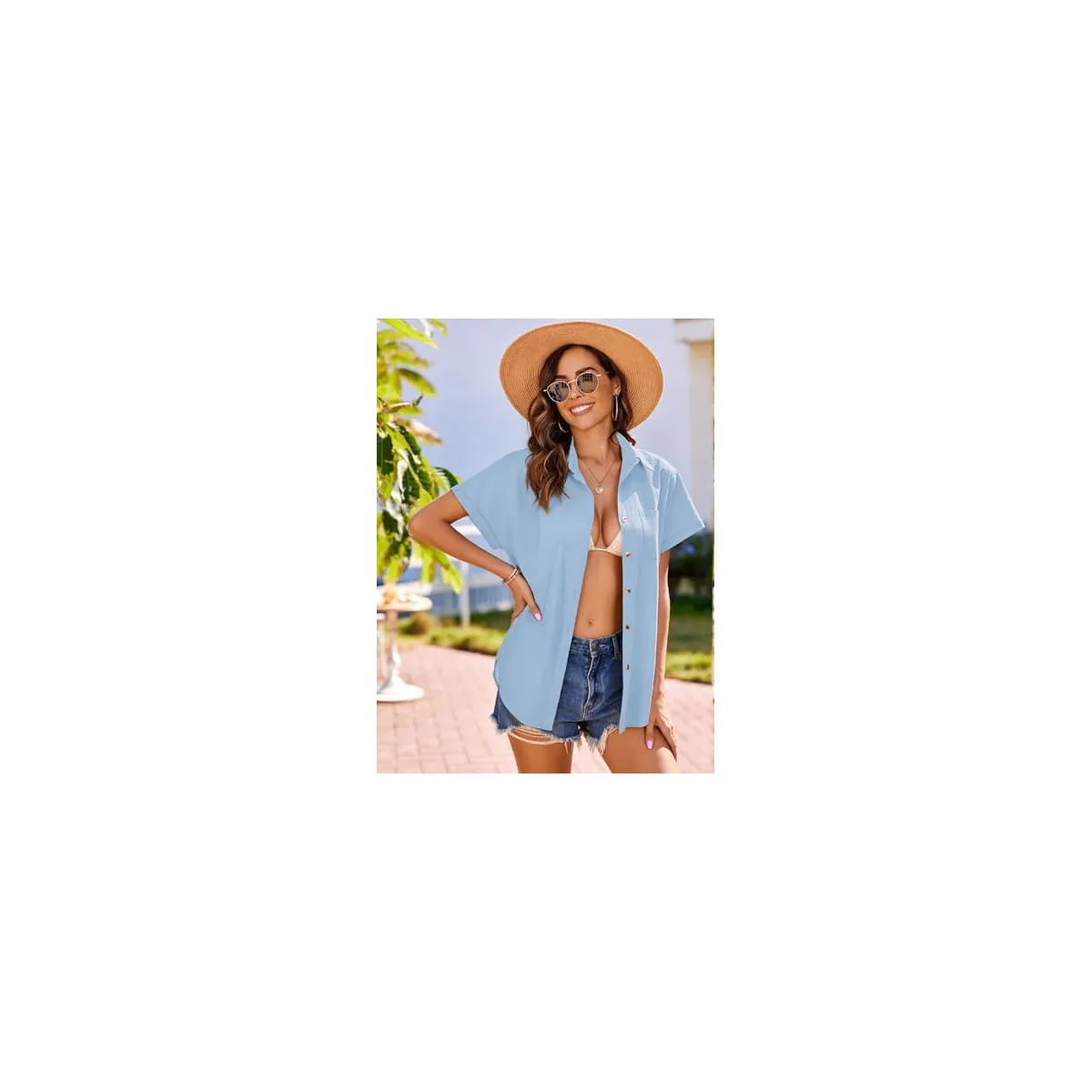 HOTOUCH Linen Shirts for Women Button Down Short Sleeve Tops Cotton Blouses Collared Button-up Beach Vacation Outfits — image 3