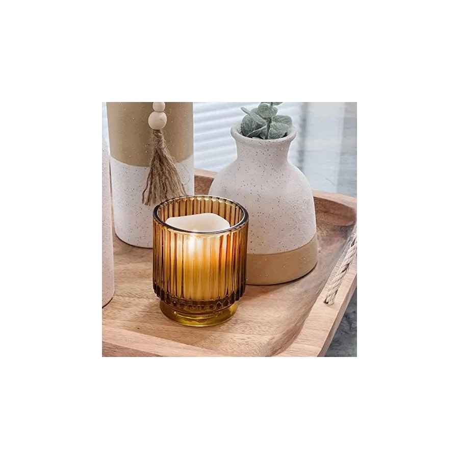 Kate Aspen Vintage Glass Tealight & Amber Votive Candle Holders Set of 6 Rustic Fluted Candle Holder Set, Boho Home Decor, Wedding Table Centerpieces, Farmhouse Kitchen Table Decor — image 5