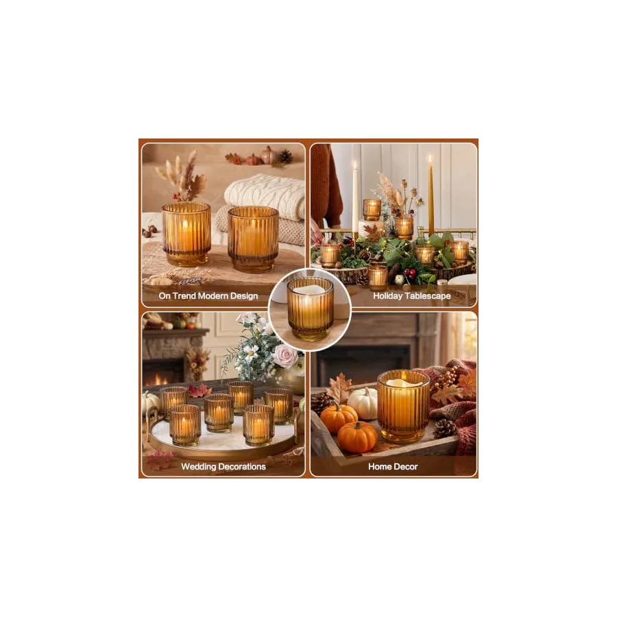 Kate Aspen Vintage Glass Tealight & Amber Votive Candle Holders Set of 6 Rustic Fluted Candle Holder Set, Boho Home Decor, Wedding Table Centerpieces, Farmhouse Kitchen Table Decor — image 6