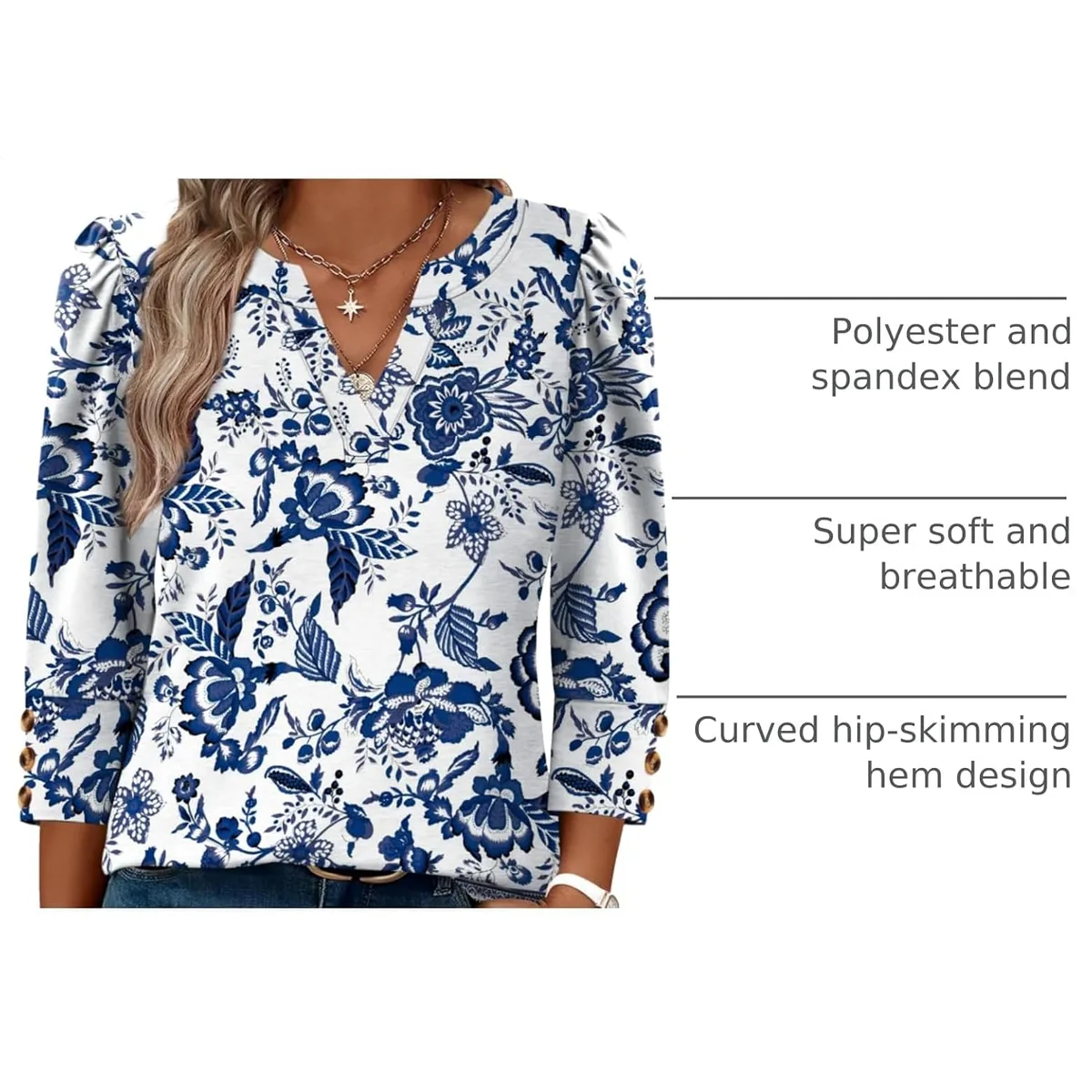 WIHOLL 3/4 Length Sleeve Womens Tops with Button Cuffs Dressy Casual V Neck Summer Outfits Early Fall Fashion Spring Clothes — image 4