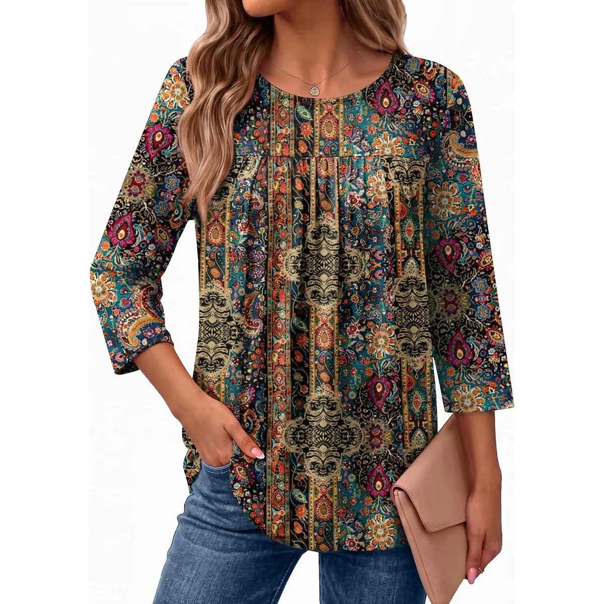 Ekouaer Womens 3/4 Length Sleeve Tops Boho Blouses Casual Pleated Shirts — image 6
