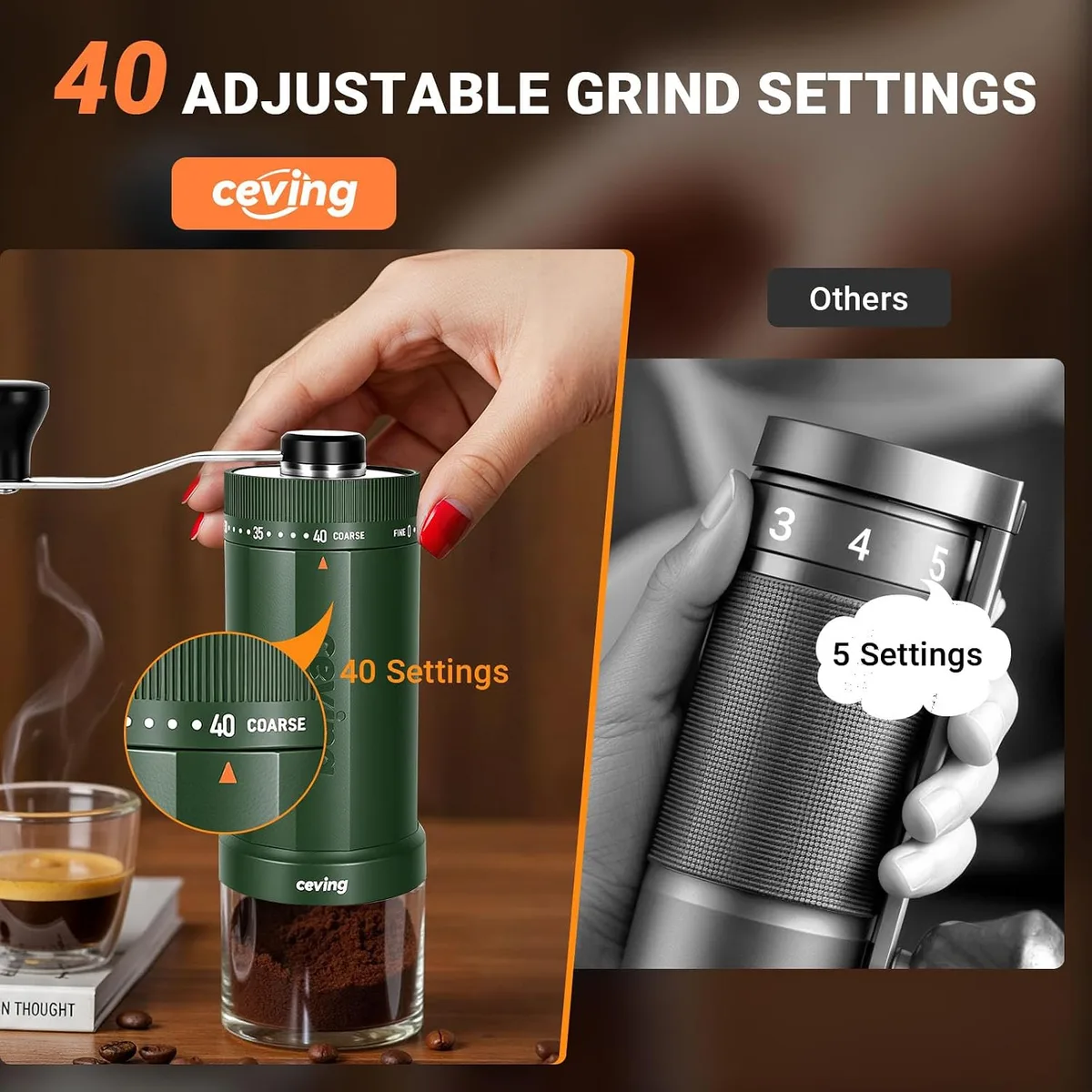 CEVING World's First 60g Large Capacity Manual Coffee Grinder, Green — image 4