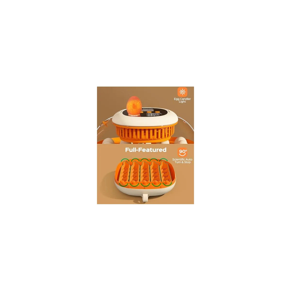 Chickcozy 25 Egg Incubator, Automatic Egg Turner with Thermometer Seat and Humidity Control, Egg Candler, 360° View with Clear Window, Incubators for Hatching Chicks Sunlit Orange — image 6