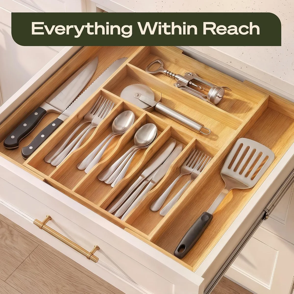 ROYAL CRAFT WOOD Luxury Bamboo Kitchen Drawer Organizer for Kitchen Organization - Silverware Organizer, Utensil Holder & Cutlery Tray Drawer Dividers for Flatware Silverware Storage, 9 Slot, Natural — image 6