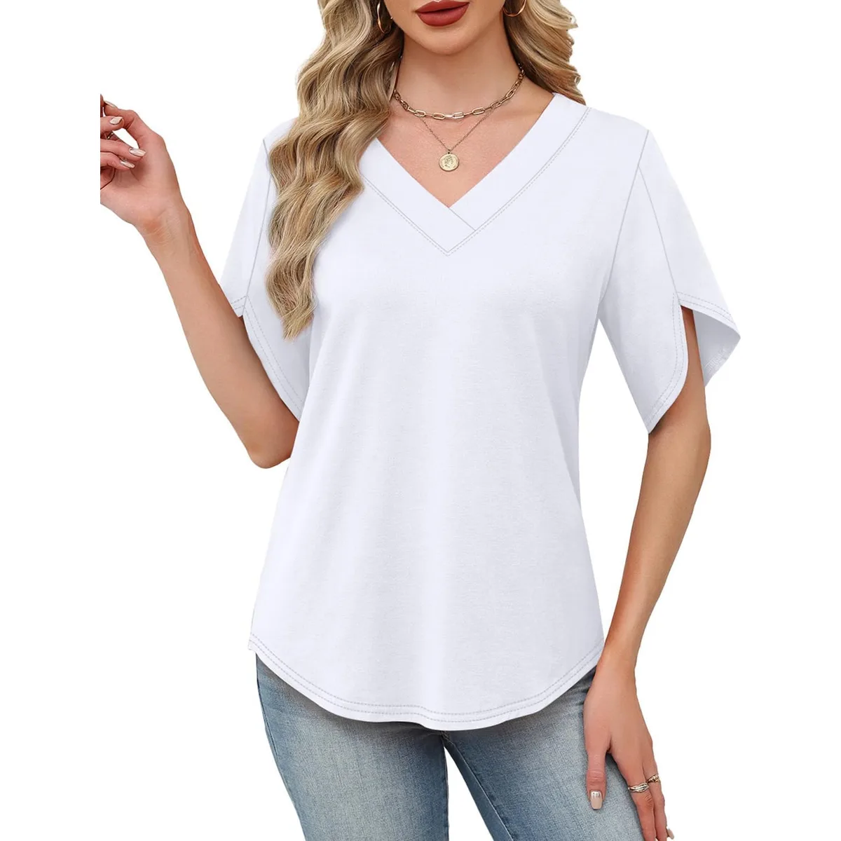 WIHOLL Womens Summer Tops Short Petal Sleeve Shirts Fashion V Neck Womens Clothing — image 3