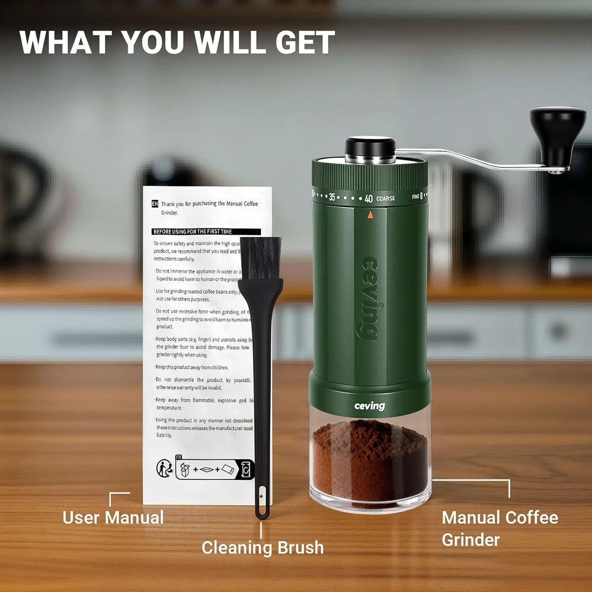 CEVING World's First 60g Large Capacity Manual Coffee Grinder, Green — image 7