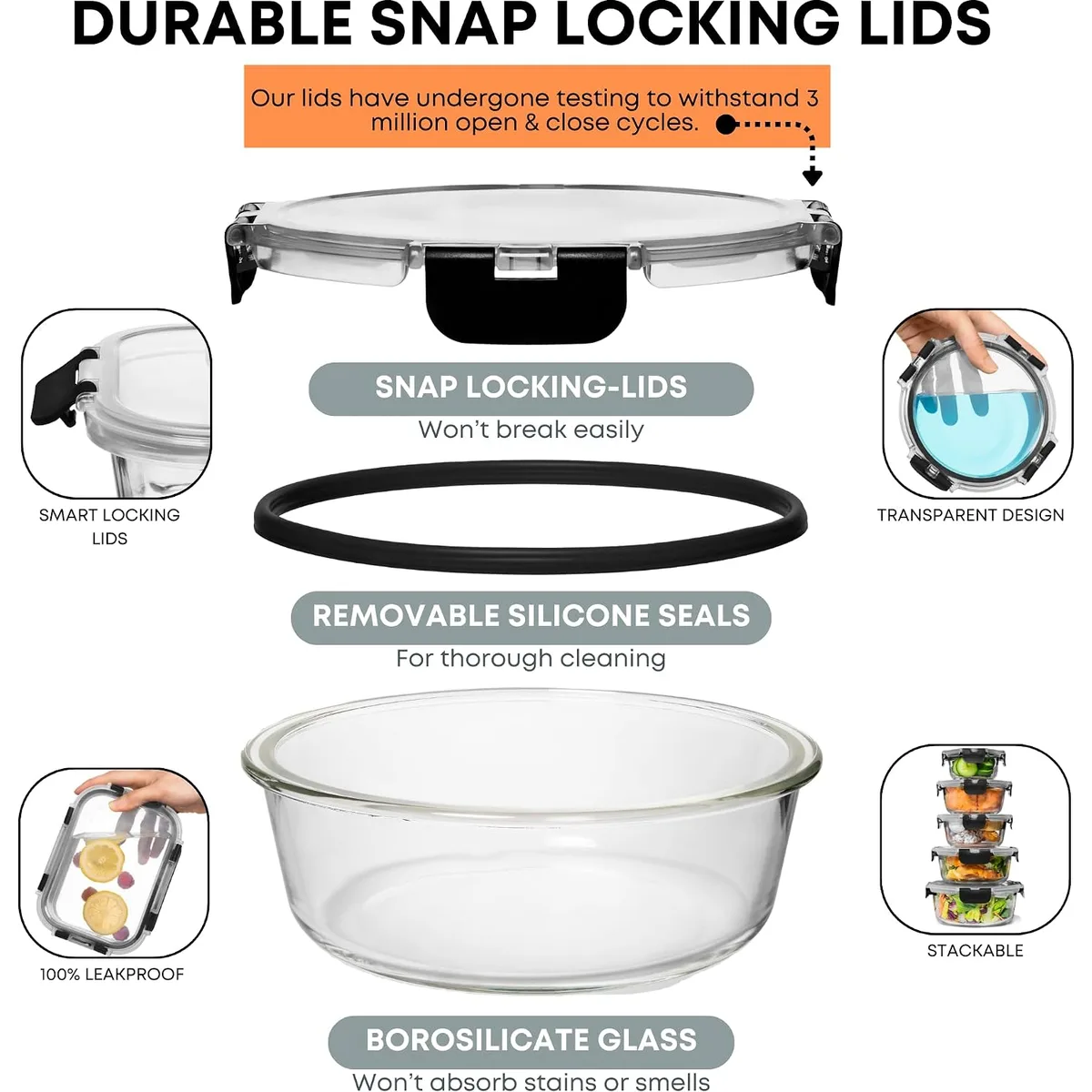 Razab 30 PC Glass Food Storage Containers with Lids - Reusable Glass Meal Prep Containers for Lunch and Leftovers - Airtight & Leakproof Snap Locking Lids - Oven, Freezer, Microwave, Dishwasher Safe — image 3