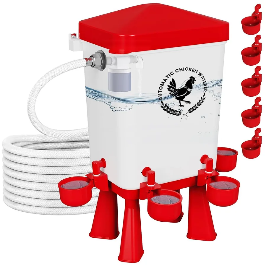 3 Gallon Chicken Waterer with 10 Chicken Water Cups, No Spill Poultry Waterer Bucket with Stand Legs, Hooks and Screws, Chicken Water Feeder for Coop, Ducks, Hens, Farm Red, Auto-1pcs